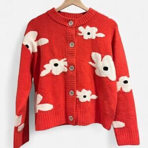 Retro Flower Power Chunky Knit Cardigan - Bold Coral& White Mod Aesthetic
